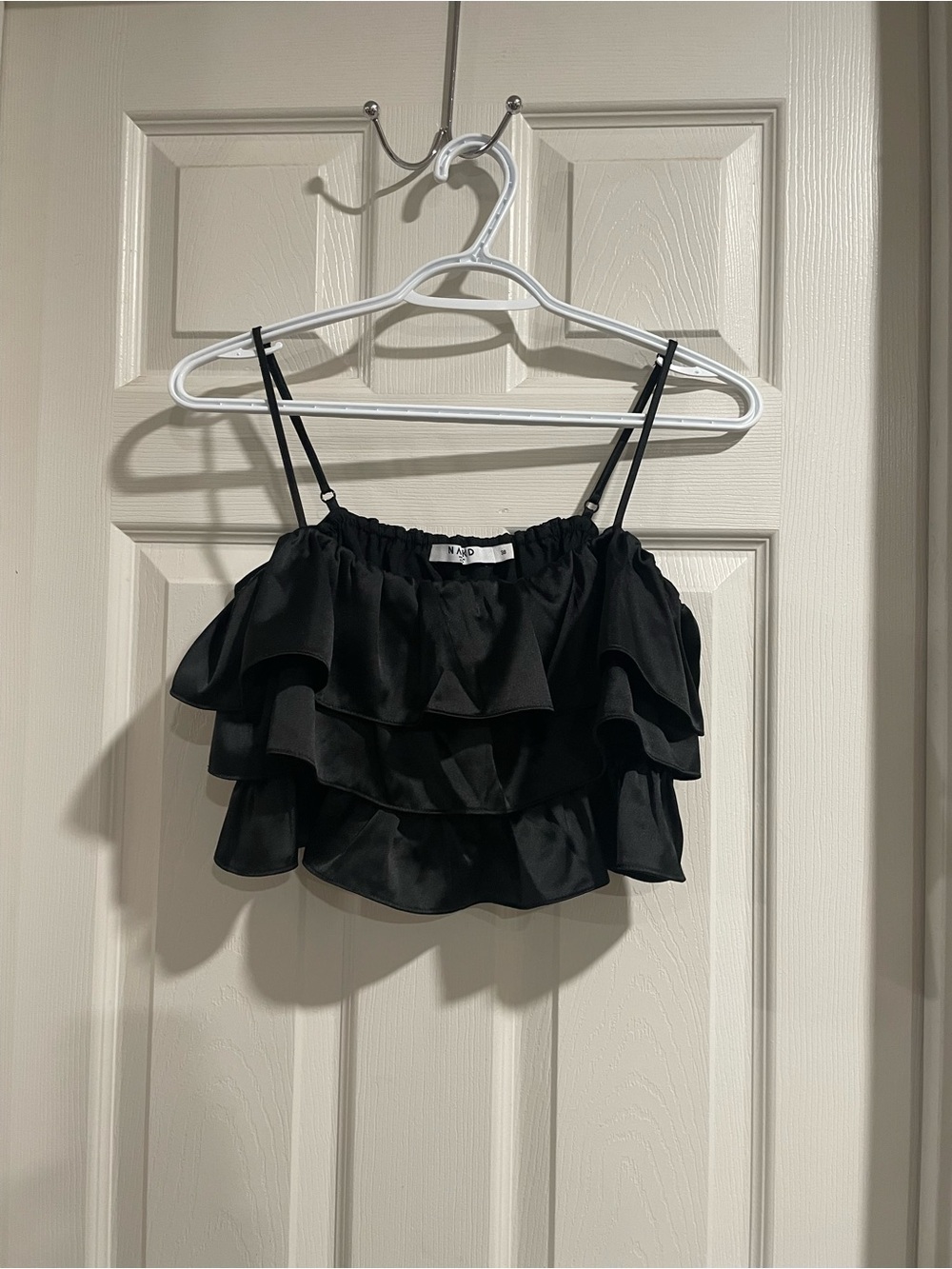 Ruffled Black Crop Cami with Spaghetti Straps